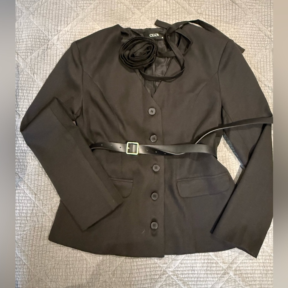 Cider Black Women's Tailored Button Blazer with Waist Belt Accent
